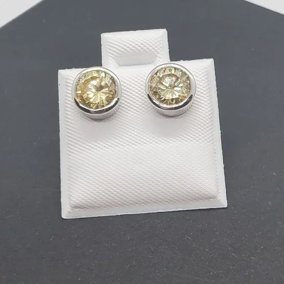 Silver 925 Rhodium Plated Round Yellow CZ Stud Earrings